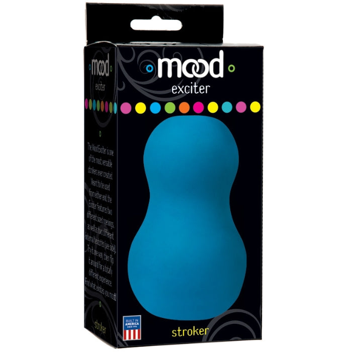 Mood Exciter in blue. This ergonomically designed ultraskyn stroker features two entrances; the smaller, tighter tunnel features plush massage beads while the larger tunnel is heavily ribbed for your pleasure. This unique design makes it easy to alter the sensation mid-session! Find the fit that’s right for you!