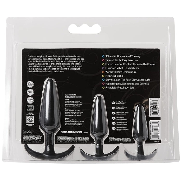 he anal plugs start from 3 then 4, and finally 5 inches. The Mood Naughty 1 Trainer Set is perfectly shaped and sized to help beginners gently work their way to a larger, more pleasurable size plug.