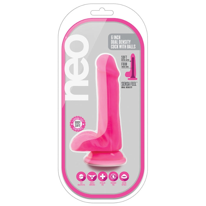 The Pink Neo Elite 6 Inch Silicone Dual Density Dildo with Balls. Neo Elite dildos feature SENSA FEEL dual density technology - a soft outer layer over a firm inner core, and are 100 percent platinum cured silicone is body safe and offers a delicious satin smooth finish.,