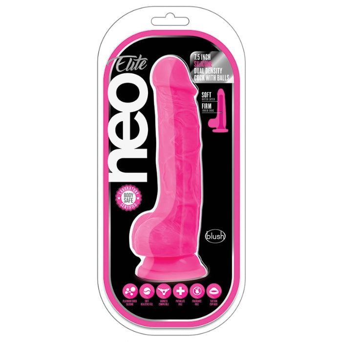 Neo Elite Silicone Dual Density 7.5" Dildo With Balls - Neon Pink