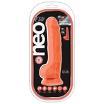 The Orange Neo Elite 7.5 Inch Silicone Dual Density Dildo with Balls. Neo Elite dildos feature SENSA FEEL dual density technology - a soft outer layer over a firm inner core, and are 100 percent platinum cured silicone is body safe and offers a delicious satin smooth finish.