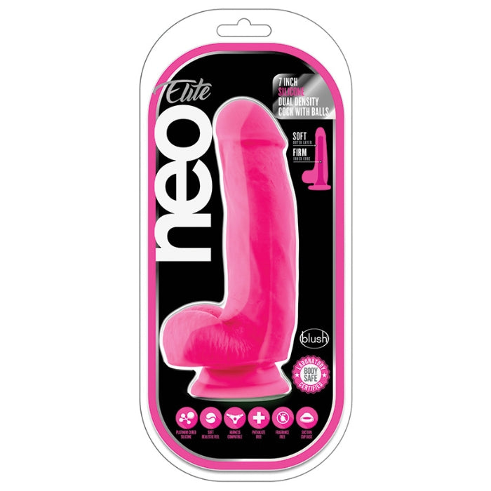 The Pink Neo Elite 7 Inch Silicone Dual Density Dildo with Balls. Neo Elite dildos feature SENSA FEEL dual density technology - a soft outer layer over a firm inner core, and are 100 percent platinum cured silicone is body safe and offers a delicious satin smooth finish.,