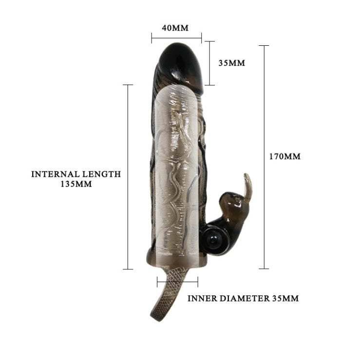 Enhance the size of your cock and increase your pleasure with this stretchy extension penis sleeve . Made with premium TPR, the sheath will wrap the penis and providing better erection and an added stimulus to both you and your partner as the bunny will vibrate and excite your partner.This sleeve fits snugly around the base of the penis.