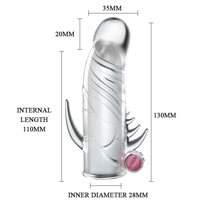 This realistic extender adds an extra couple of inches of penetrative length to your member, not to mention a delicious single-speed tingle behind the balls courtesy of the removable bullet. Use with plenty of water-based lube inside and out.