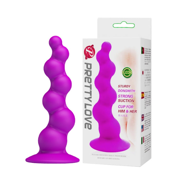 This anal plug features a bubbled shape with several balls that are tapered in size stacked up on one another for a fabulously unique pleasure experience. Made with smooth high quality silicone in a bright purple, this is a luxurious anal toy for amazing stimulation. The base features a secure suction cup that will stay connected on any smooth and flat surface for hands free enjoyment.