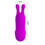 Rechargeable, silicone finger sleeve with rabbit ears. This small, portable and easy to use finger sleeve has 7 different vibration functions and a memory function. USB supported.