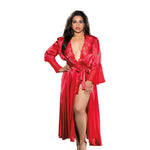 Intricate lace trimmed bodice, he fitted waist and self-belt closure create a flattering silhouette. The full sweep to the hem of the robe offers even more luxuriousness. This robe also comes with convenient side pockets and an inner tie closure.