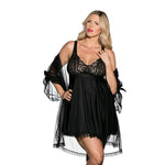 The set includes a stunning negligee with fitted stretch lace cups, creating a sensual and feminine look. The full opaque tricot skirt drapes beautifully, creating a flowy and elegant silhouette. This set also comes with a matching G-string for added allure, and a sheer robe with delicate lace trimmings for a touch of sophistication.