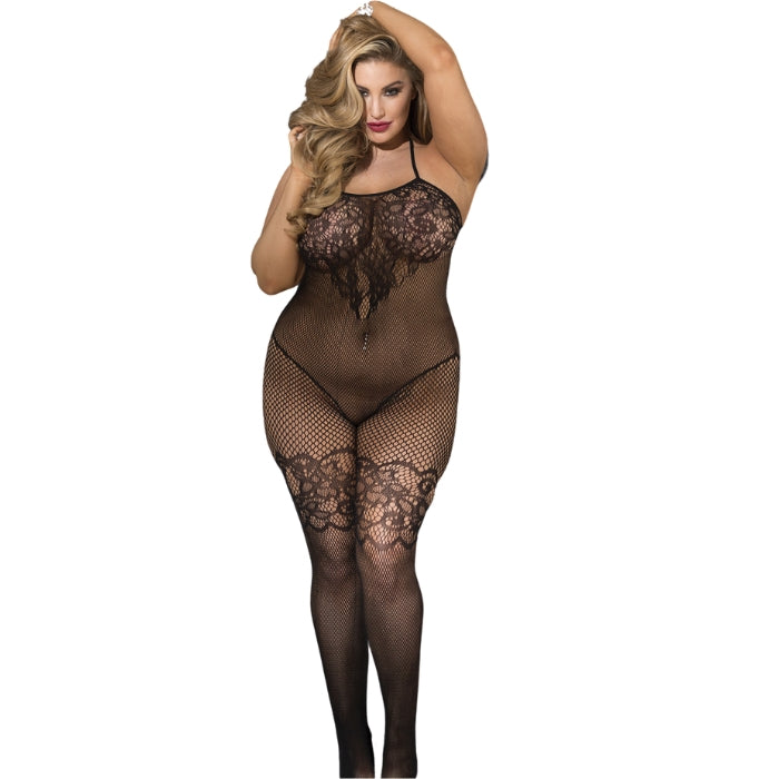 Beautiful stretch lace and fishnet open front bodystocking. Our Queen rage is made for those who feel that they will be more comfortable in garments made for 70kgs and above.