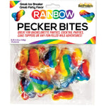 The Rainbow Pecker Bites are a colorful penis shaped great tasting candy, perfect for bachelorette parties, pride events or any fun/naughty even you think they would fit in.
