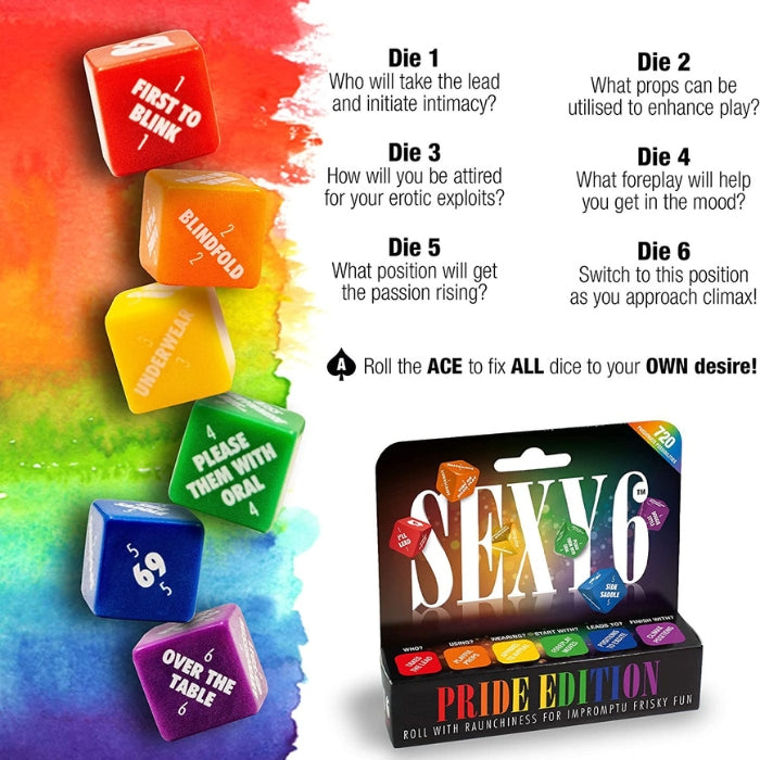 This couples game has 720 possible sexy scenarios to play with, so you can’t help but feel like a winner with this adult game for couples.  In beautiful rainbow colours the adult dice dictate your fate:  Die 1: WHO  Die 2: USING - What props can be utilised to enhance play?  Die 3: WEARING - How will you be dressed for your erotic exploits?  Die 4: START WITH - What foreplay will help you get in the mood?  Die 5: LEADS TO - What position will get the passion rising?  Die 6: FINISH WITH 
