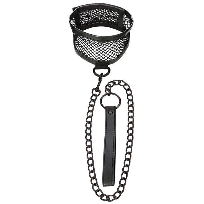 Fishnet collar that comes with detachable leash with leatherlike handle.