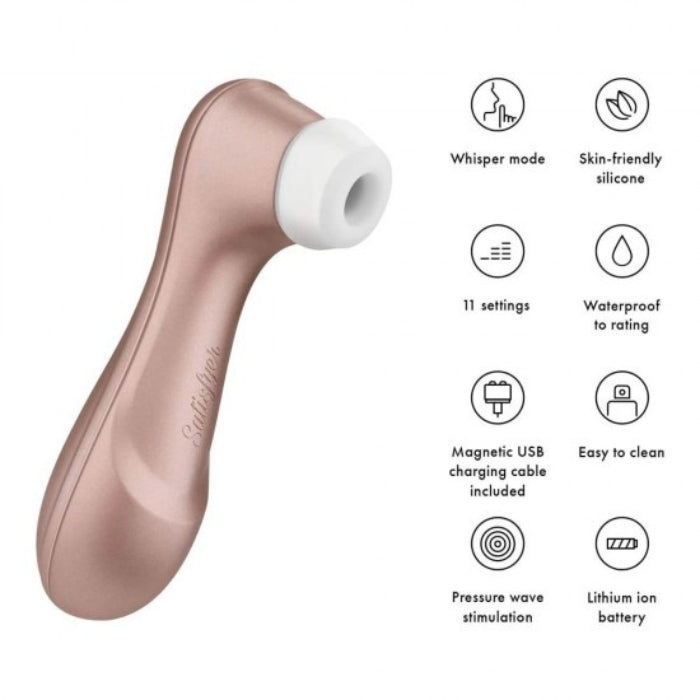 The Satisfyer Pro 2 uses non-contact pressure-wave technology to provide feelings of suction and pulsations, similar to what you would feel during amazing oral sex. The Pro 2 Next Generation has a stronger motor, but is quieter than ever before. Once the silicone head surrounds your clitoris, you'll hardly hear any noise. Other than a few moans of your own. A new button design makes controlling it easy with 11 intensities to choose from. The Pro 2 is waterproof and USB rechargeable.    