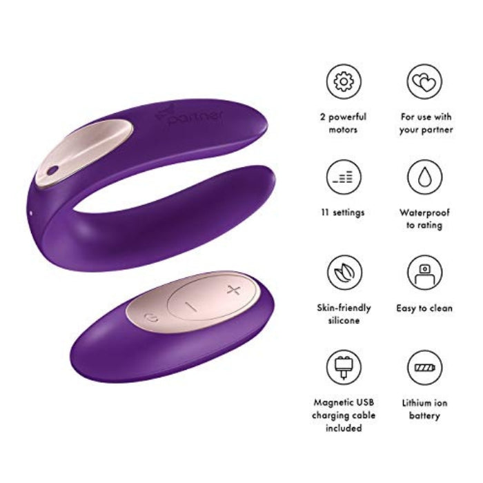 2 powerful motors. For use with your partner. 11 Settings. Waterproof. Skin friendly silicone. Easy to clean. Magnetic USB charging cable included. Lithium ion battery needed for remote.