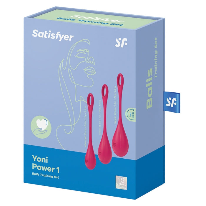 Satisfyer Yoni Power 1 are red and come in set of 3. They can strengthen your pelvic floor. start with the largest and heaviest ball (3 cm diameter, 74 g), wear while standing, and work your way through the medium (2.5 cm diameter, 46 g) to the smallest and lightest ball (2 cm diameter, 22 g). The more frequently you do the pelvic floor training, the tighter your muscles become. only have to use the balls for 15 minutes a day.