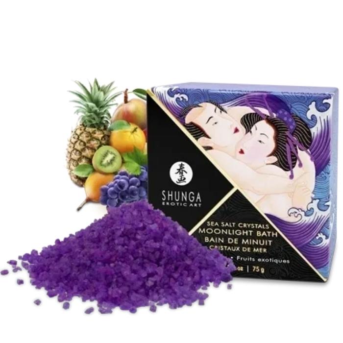 Shunga Bath Salts Moonlight Exotic Fruit (75g). Shunga Bath Salts are sea salts added to your bath for a fragrant and uniquely scented moment of relaxation. Beautifully packed these miniature bath salt packs are perfect gift idea, or travel size for your romantic holidays.