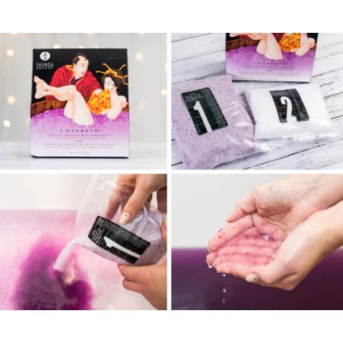 Shunga Lovebath jelly bath indulgence. This is a must for the perfect spoil with strongly scented bath beads that turn your bath water into silky thick pearls. The ultimate in relaxation. Dragon Fruit. Comes in 2 different bags, one white and one purple.