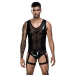 This sexy 2 piece Male outfit includes a wet look and mesh vest with sequence details on the front, as well as matching underwear with built in leg garters.