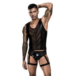 This sexy 2 piece Male outfit includes a wet look and mesh vest with sequence details on the front, as well as matching underwear with built in leg garters.
