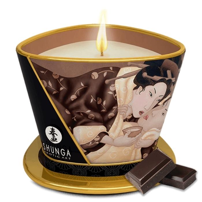Shunga Candle - Chocolate  (170ml). Shunga Body candles made with soy butter. This deliciously strong scented Chocolate candle is the perfect way to spoil your partner with endless body massages. Leaves skin soft and silky and can be used all over the body. available in 7 delicious scents.