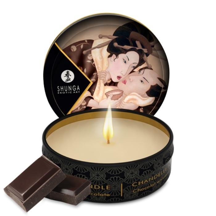 Shunga Body candles made with soy butter. This deliciously strong scented Chocolate candle is the perfect way to spoil your partner with endless body massages. Leaves skin soft and silky and can be used all over the body. Perfect travel size.