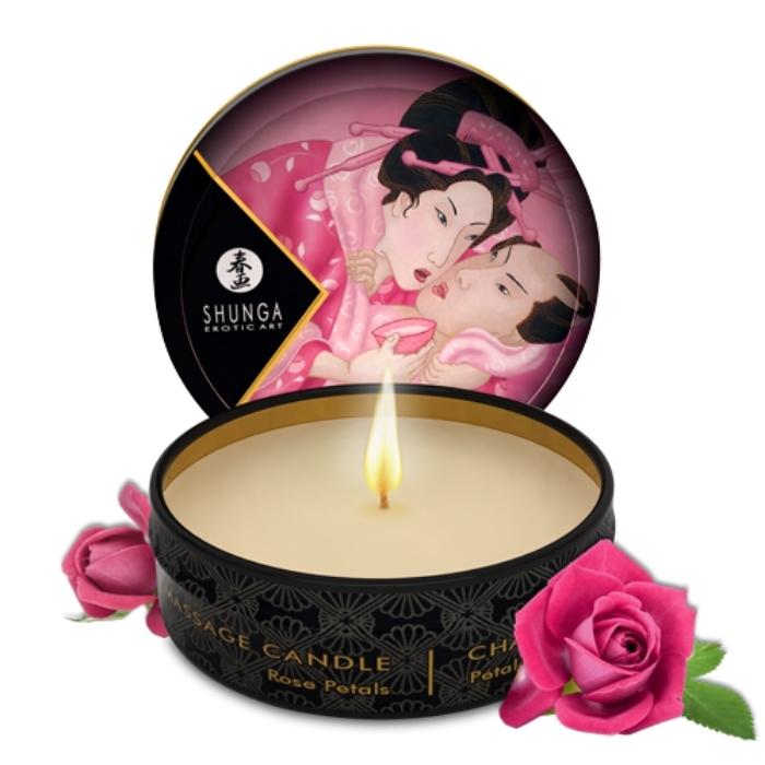 Shunga Body candles made with soy butter. This deliciously strong scented Rose candle is the perfect way to spoil your partner with endless body massages. Leaves skin soft and silky and can be used all over the body. Perfect travel size.