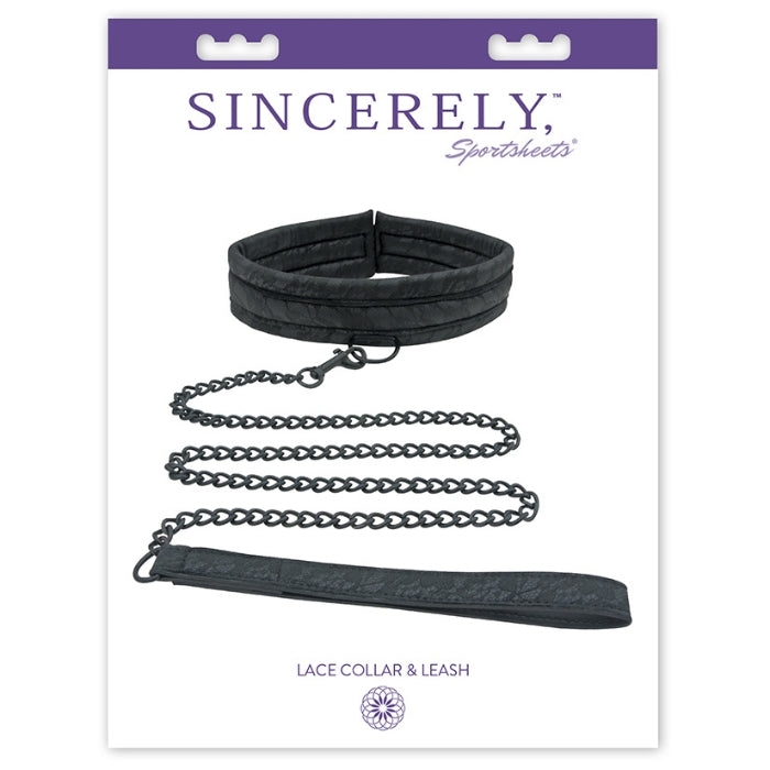 Thick padded lace collar with detachable chain leash. Leash has matching padded lace handle like the collar.