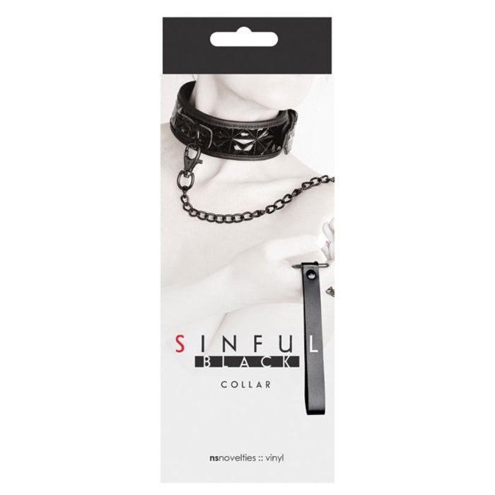 Wet look adjustable collar with detachable chain leash.