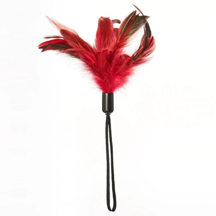 Black and red bondage feather tickler with black wrist loop.