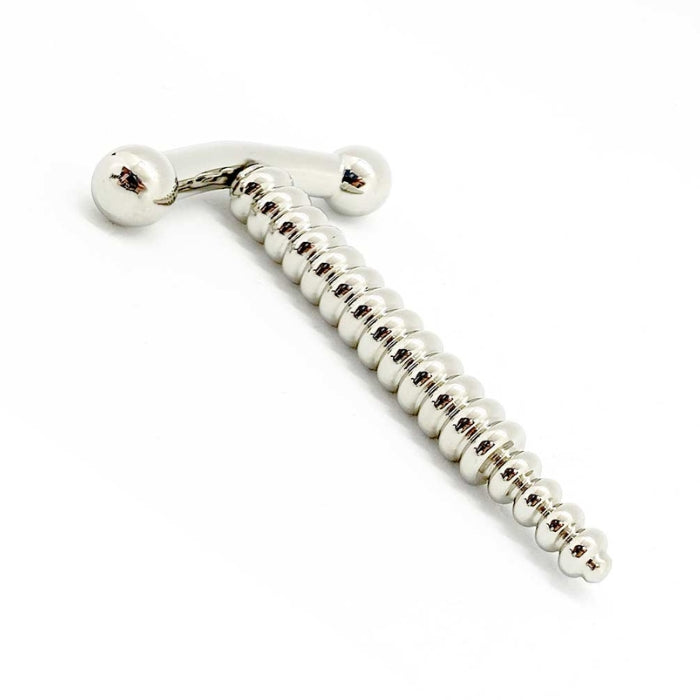 This stainless steel penis plug features small ribs which create intense sensations when you move it up and down your urethra when you play. Polished to a mirror shine perfection, and especially the tip is finished round and smooth so safe to use. The 'T' on the outer end makes it easy to play with this plug and it prevents the plug from sliding in entirely. dimensions: insertable length 55 mm, thickness 4-6 mm.