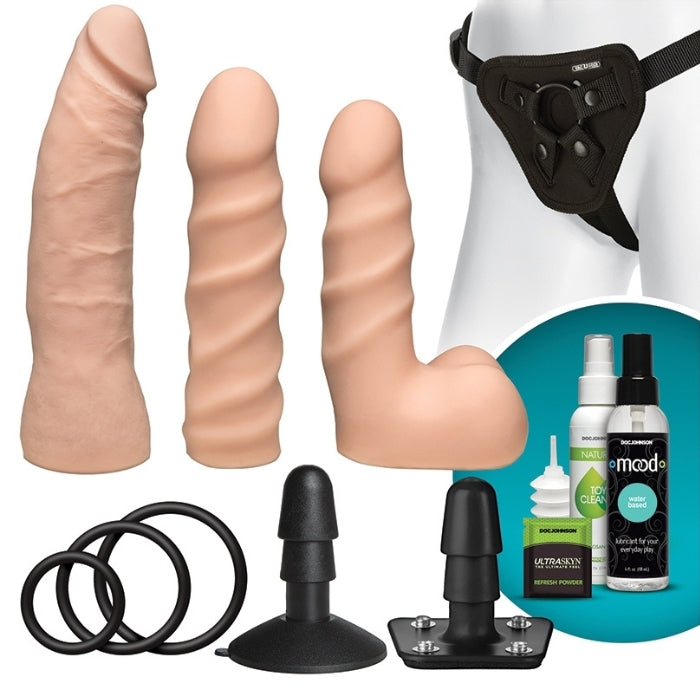 The Vac-U-Lock Dual Density Starter Set provides a fun and innovative introduction to strap-on play. Comes with a complete harness with removable o-rings and plug, three moderately-sized ultraskyn attachments and a bottle of Mood water-based lube.