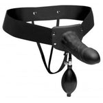 This inflatable hollow strap on was designed to be worn by men and works with or without an erection. The strap on features an easy to use pump with a removable bulb to add more girth. The harness is secured in place by an elastic band that runs between your scrotum and along the back of your thighs. The waistband is stretchy and fits most body sizes.