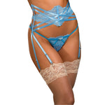 This gorgeous sky blue garter belt is designed to enhance any lingerie ensemble with its beautiful combination of stretch lace and strappy elastic details. The intricate lace design adds a touch of elegance and femininity, while the strappy elastic highlights your curves and adds a touch of sensuality. The adjustable garters ensure a perfect fit, and the hook back closure provides both security and comfort. Size medium.