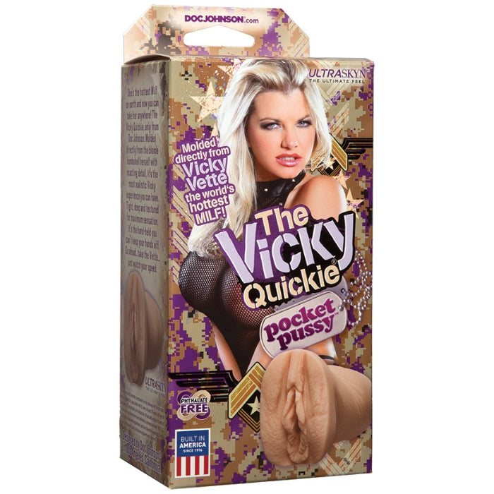 Molded directly from MILF superstar Vicky Vette, the Vicky Quickie is a perfectly-sized vagina shaped masturbator! This small sized masturbator It is made of Doc Johnson's ultra-realistic material for the most realistic experience. Perfect size for travel.