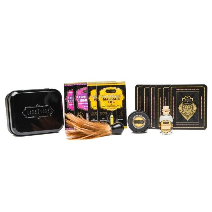 Remember to pack your weekender kit. Consists of a Kama Sutra flavoured Vanilla 6ml Oil of Love, Honey Dust Kissing Body Powder, 2 Massage Oil Sachets, and 2 Lubricant Sachets, with 6 playing erotic cards, this is an ideal romantic package including a tin to later store more treats. One of our favourite gifting ideas.
