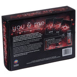 A fun game for lovers ensuring exciting encounters and romantic inspirations. With 90 innovative ideas, sexy suggestions and adventurous activities, "You & Me" is a game where the taking part is almost as good as winning. Includes: 45 forfeit cards, 4 "special cards, 1 joker card for each player, 1 die, 1 sand timer.